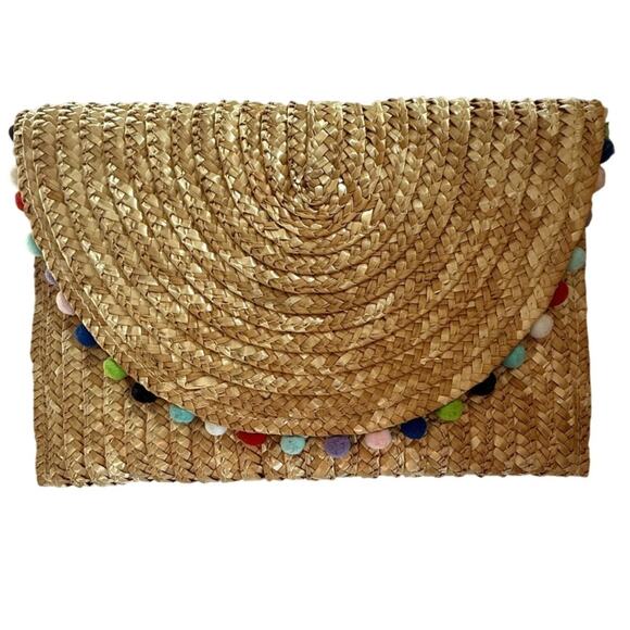 SHIRALEAH Chicago Straw Envelope Clutch Woven Pompom Trim Boho Resort Summer Bag - Picture 5 of 5